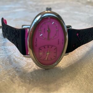 Dual Time Pink Dial Wristwatch with Black Floral Band. New batteries & strap.